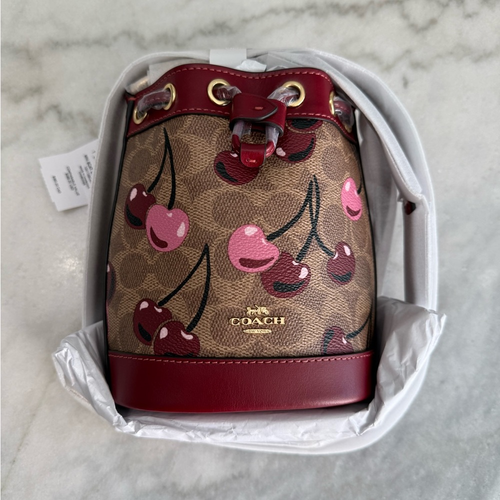Coach Mini Bucket Bag In Signature Canvas With Cherry Print - Picture 2 of 10